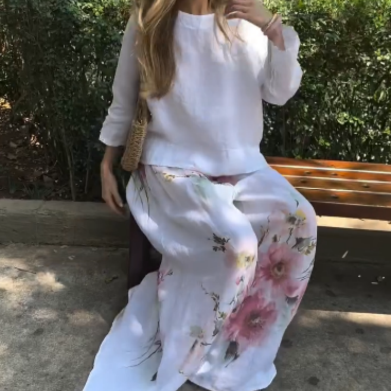 🥰Zweiteiliges Set aus Oberteilen in Unifarben und Hose mit weitem Bein und Blumenmuster