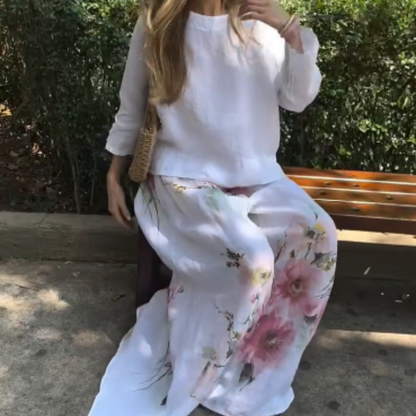 🥰Zweiteiliges Set aus Oberteilen in Unifarben und Hose mit weitem Bein und Blumenmuster