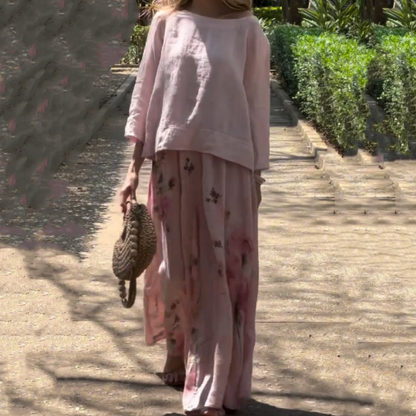 🥰Zweiteiliges Set aus Oberteilen in Unifarben und Hose mit weitem Bein und Blumenmuster