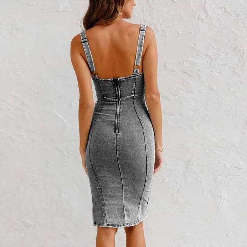 🌷Denim U-Ausschnitt Neckholder-Kleid mit Schlitz und verstellbaren Schulterträgern