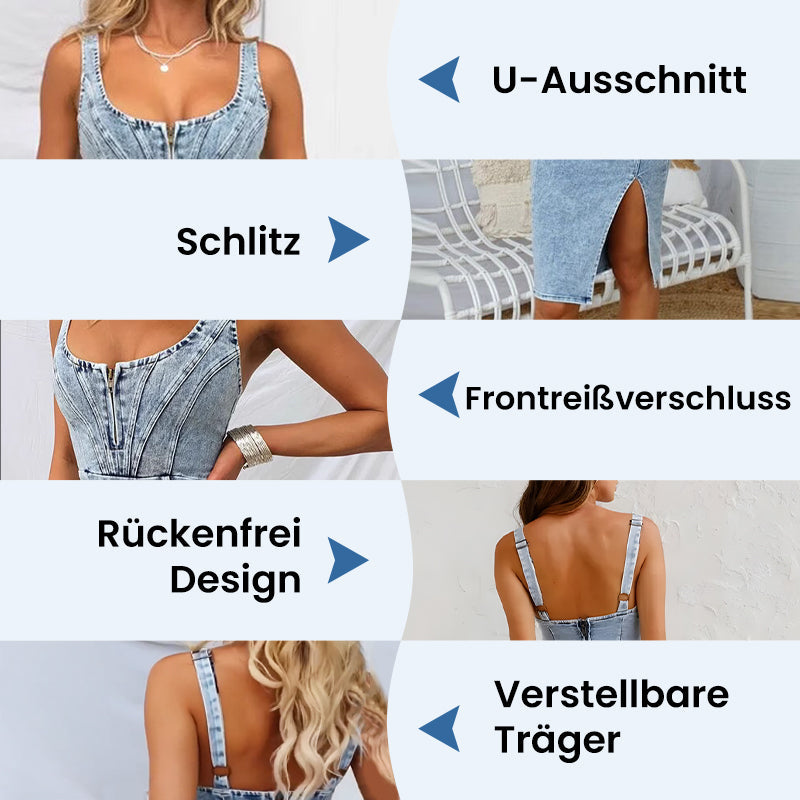 🌷Denim U-Ausschnitt Neckholder-Kleid mit Schlitz und verstellbaren Schulterträgern