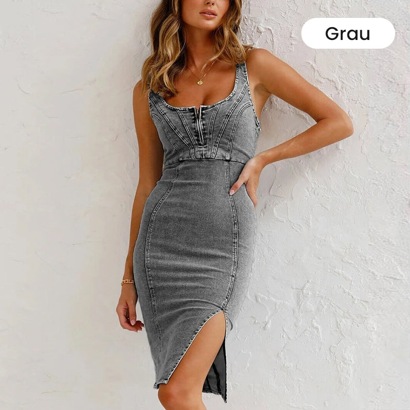 🌷Denim U-Ausschnitt Neckholder-Kleid mit Schlitz und verstellbaren Schulterträgern
