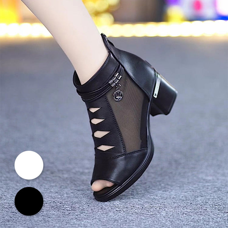 🥿🥰Weiches Leder Damen Stiefeletten mit Netzstoff-Einsatz, Sandalen mit praktischem mittlerem Absatz für jeden Tag