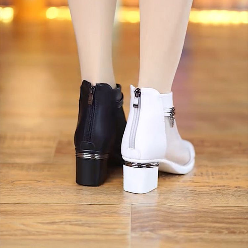 🥿🥰Weiches Leder Damen Stiefeletten mit Netzstoff-Einsatz, Sandalen mit praktischem mittlerem Absatz für jeden Tag