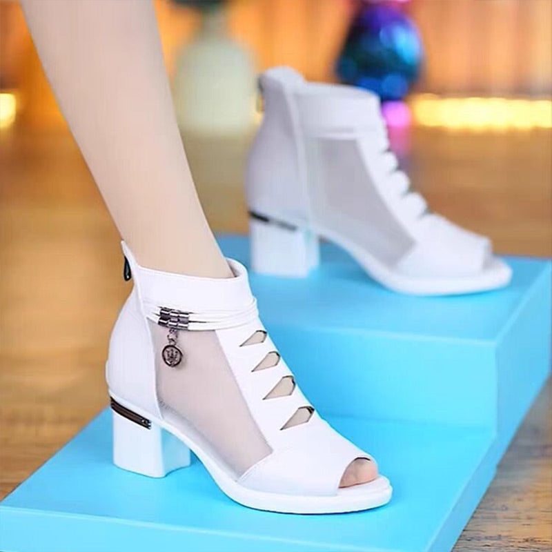 🥿🥰Weiches Leder Damen Stiefeletten mit Netzstoff-Einsatz, Sandalen mit praktischem mittlerem Absatz für jeden Tag