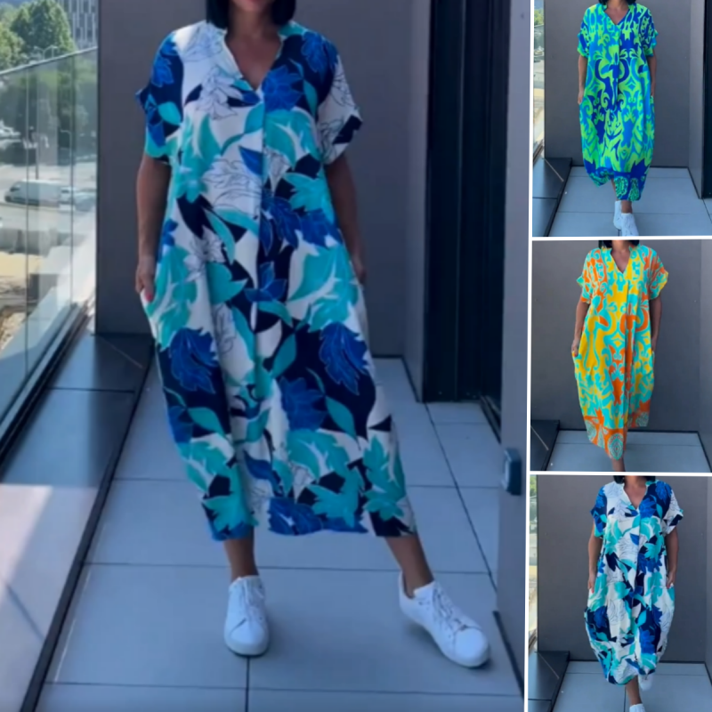 👗  🌸 Lässiges Elegantes Bedrucktes V-Ausschnitt Kleid für Damen – Fließender Stoff, Schmeichelhafte Passform & Perfekt für den Frühling ☀️