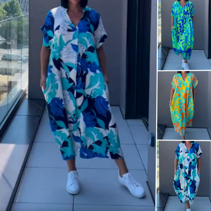 👗  🌸 Lässiges Elegantes Bedrucktes V-Ausschnitt Kleid für Damen – Fließender Stoff, Schmeichelhafte Passform & Perfekt für den Frühling ☀️