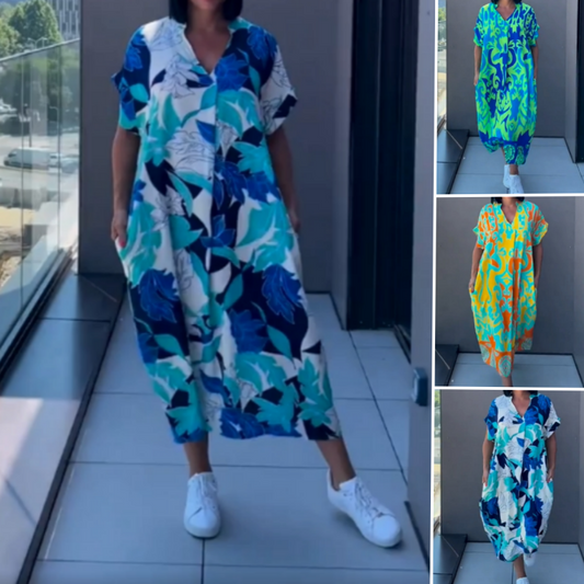👗  🌸 Lässiges Elegantes Bedrucktes V-Ausschnitt Kleid für Damen – Fließender Stoff, Schmeichelhafte Passform & Perfekt für den Frühling ☀️