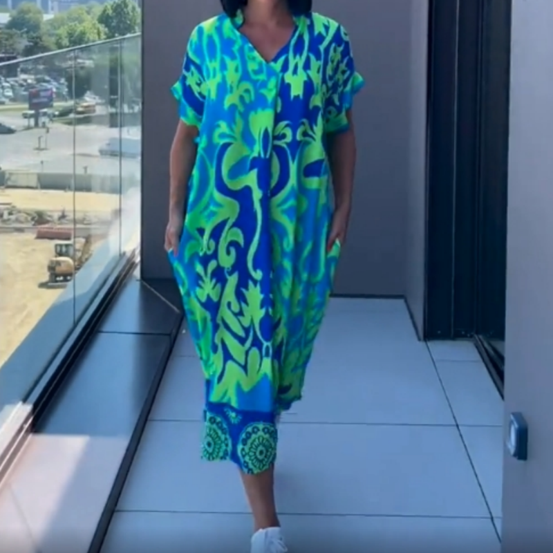 👗  🌸 Lässiges Elegantes Bedrucktes V-Ausschnitt Kleid für Damen – Fließender Stoff, Schmeichelhafte Passform & Perfekt für den Frühling ☀️