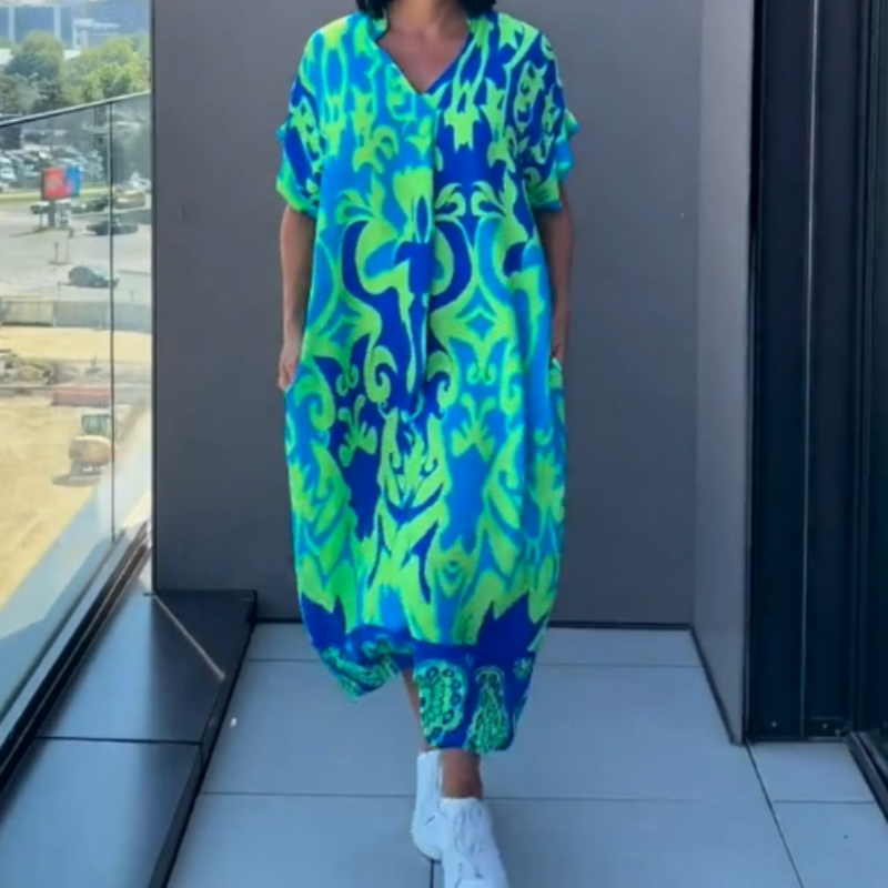 👗  🌸 Lässiges Elegantes Bedrucktes V-Ausschnitt Kleid für Damen – Fließender Stoff, Schmeichelhafte Passform & Perfekt für den Frühling ☀️