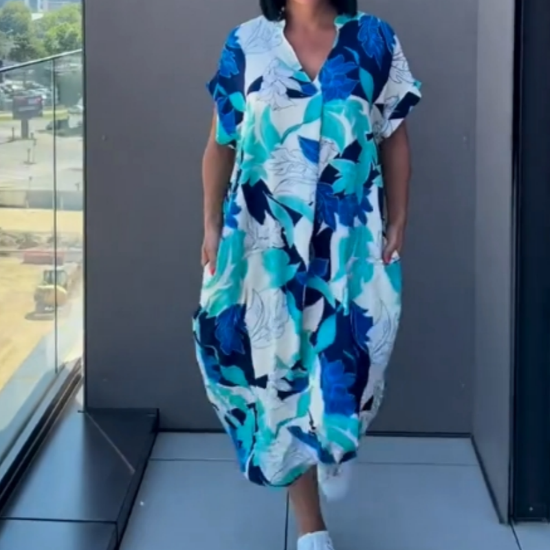 👗  🌸 Lässiges Elegantes Bedrucktes V-Ausschnitt Kleid für Damen – Fließender Stoff, Schmeichelhafte Passform & Perfekt für den Frühling ☀️