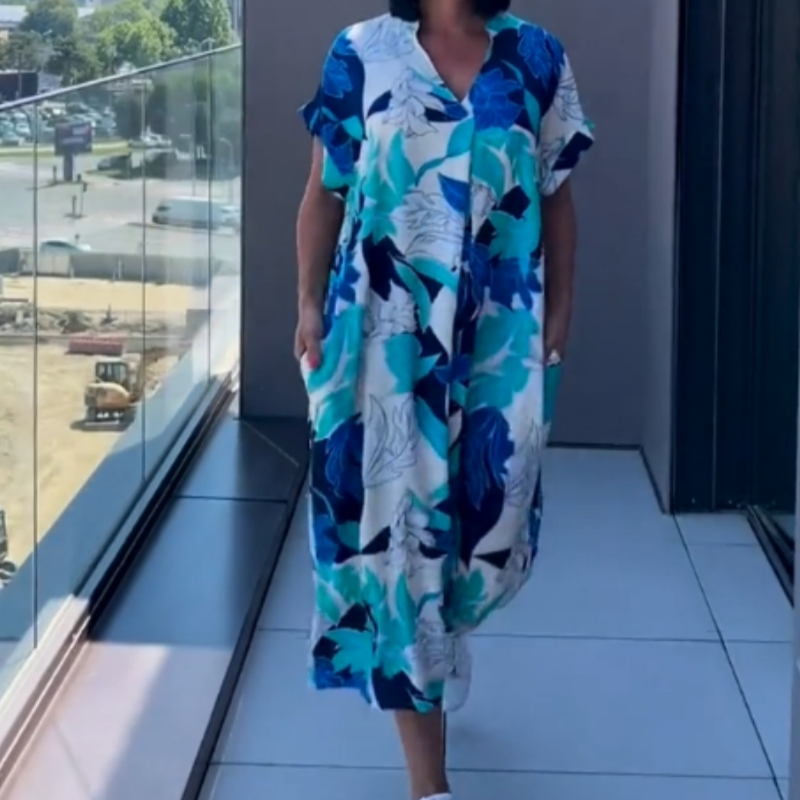 👗  🌸 Lässiges Elegantes Bedrucktes V-Ausschnitt Kleid für Damen – Fließender Stoff, Schmeichelhafte Passform & Perfekt für den Frühling ☀️