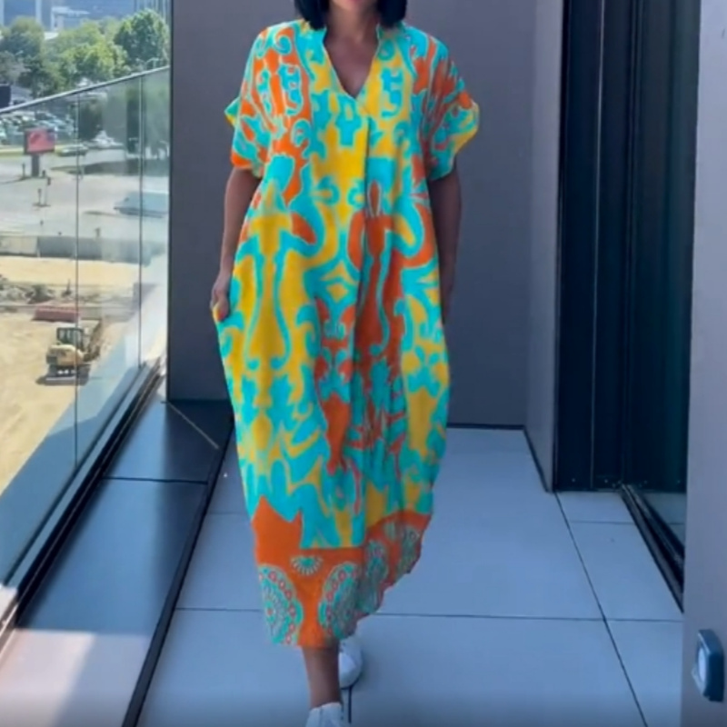 👗  🌸 Lässiges Elegantes Bedrucktes V-Ausschnitt Kleid für Damen – Fließender Stoff, Schmeichelhafte Passform & Perfekt für den Frühling ☀️