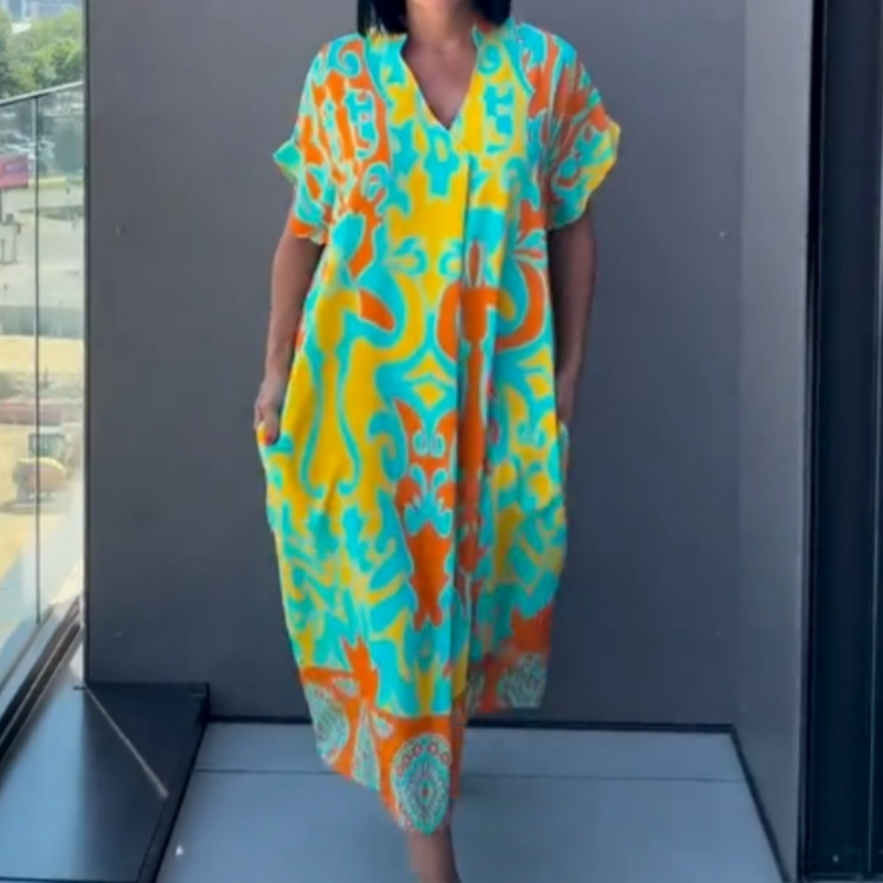👗  🌸 Lässiges Elegantes Bedrucktes V-Ausschnitt Kleid für Damen – Fließender Stoff, Schmeichelhafte Passform & Perfekt für den Frühling ☀️