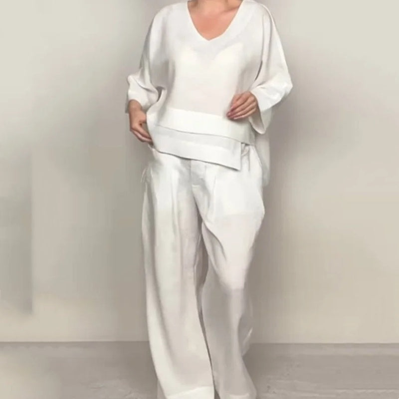 💎 2-teiliges Set aus Baumwoll-Leinen mit unregelmäßigem Saum – V-Ausschnitt-Oberteil + Weitbein-Hose, atmungsaktiv & mühelos stilvoll 🍂👚