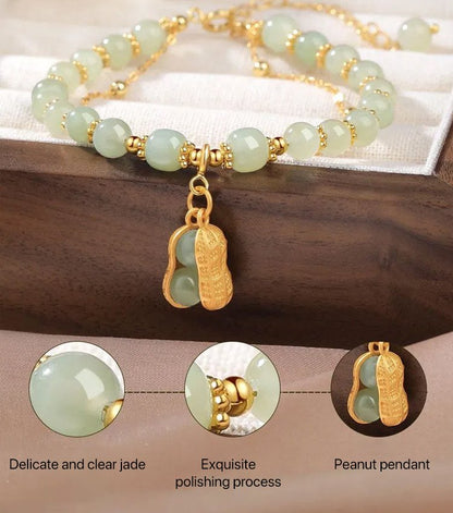 🥜🌿Natürlicher Jade-Armband mit Erdnussanhänger „Lucky Peanut“ 💚