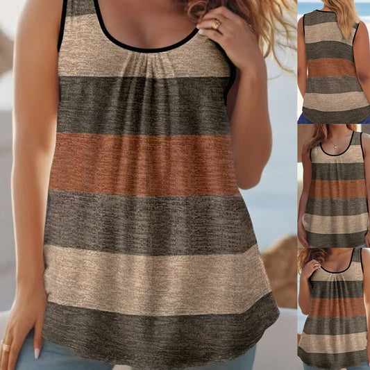 ✨ Damen-Tanktop mit Farbblock-Muster & Gerüschtem Ausschnitt – Ärmellos & Kurz ✨