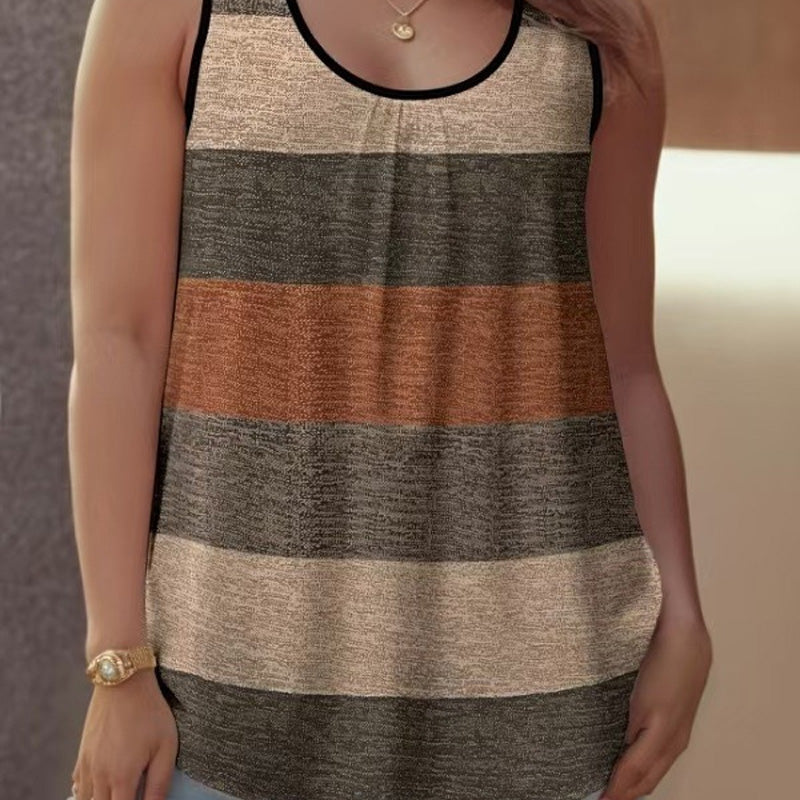 ✨ Damen-Tanktop mit Farbblock-Muster & Gerüschtem Ausschnitt – Ärmellos & Kurz ✨