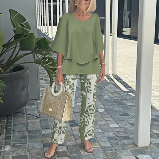 💃✨Damen-Zweiteiler: Bedruckte Hose & Oberteil mit Rundhalsausschnitt