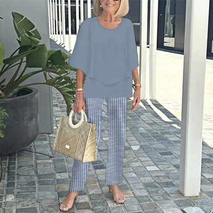 💃✨Damen-Zweiteiler: Bedruckte Hose & Oberteil mit Rundhalsausschnitt