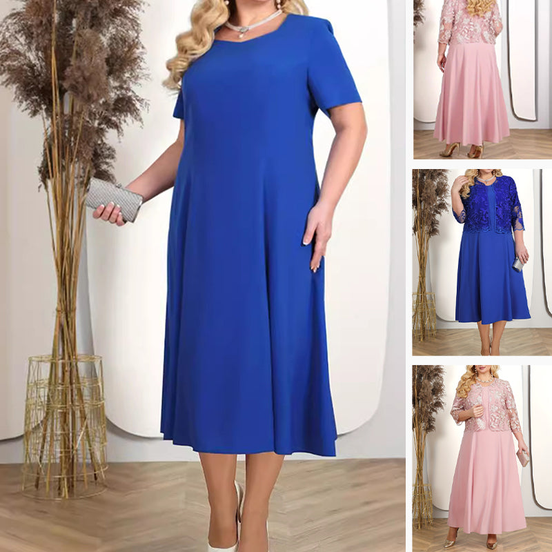 ✨💃Unifarbenes Damenkleid mit bestickter Jacke aus Spitze