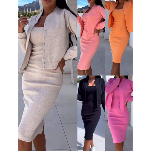 ⏳Set aus figurbetontem Kleid und Jacke mit Spaghettiträgern