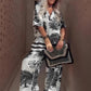 🍁Neuheit Sommer 2026✨Damen-Set mit Print: Top mit V-Ausschnitt & lange Hose