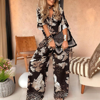 🍁Neuheit Sommer 2026✨Damen-Set mit Print: Top mit V-Ausschnitt & lange Hose