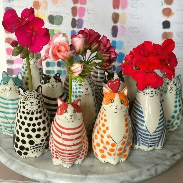 Handgemaltes keramisches Katzen-Blumenvasen-Set🐱