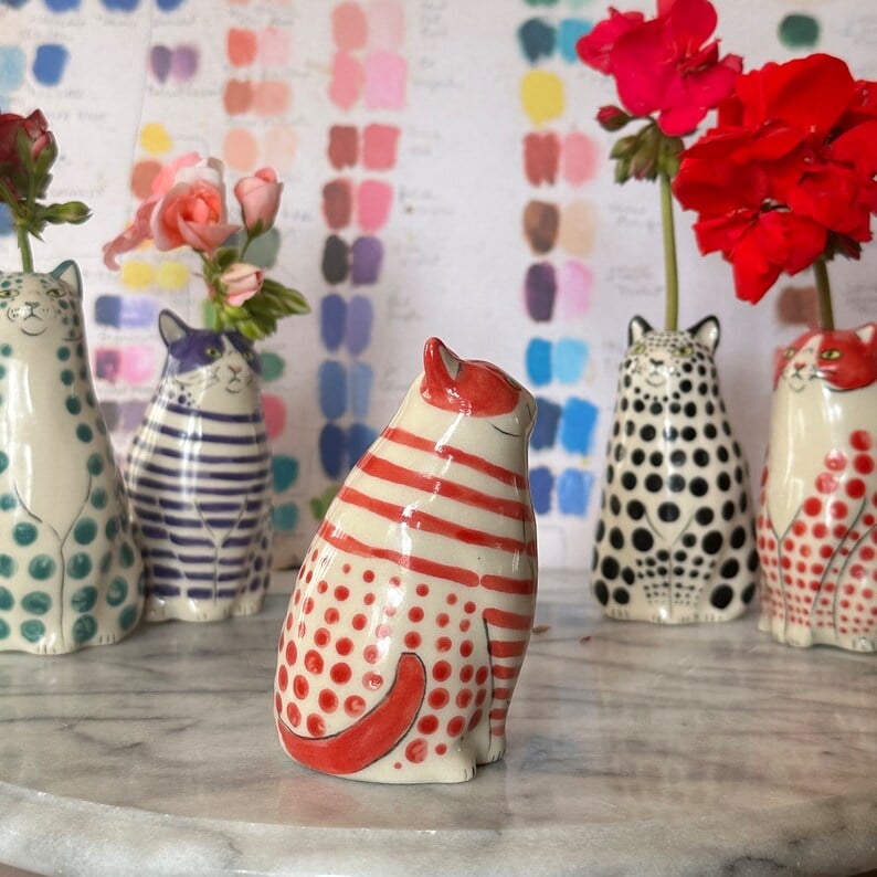 Handgemaltes keramisches Katzen-Blumenvasen-Set🐱