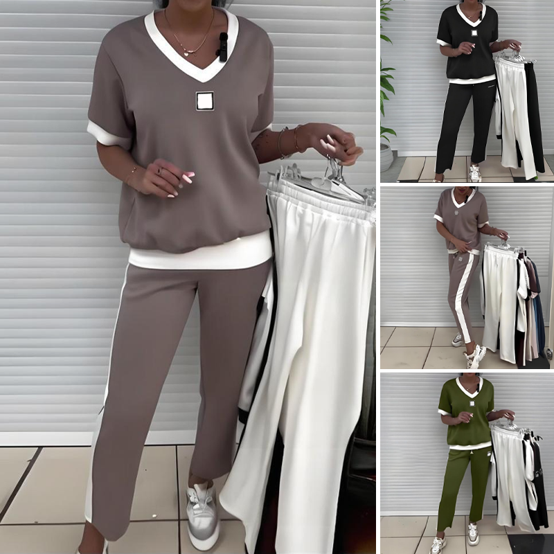 ⏳Sonderangebot für nur 44,99 €!! 💥Lässiges Damen-Zweiteiler: Top mit V-Ausschnitt und Hose