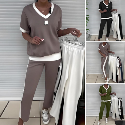 ⏳Sonderangebot für nur 44,99 €!! 💥Lässiges Damen-Zweiteiler: Top mit V-Ausschnitt und Hose