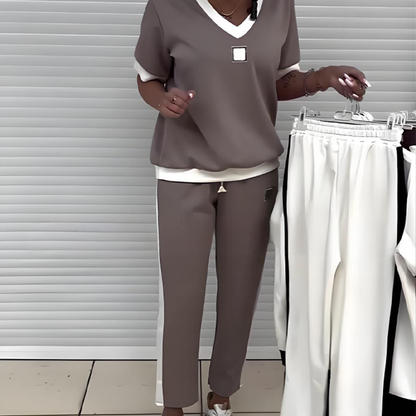 ⏳Sonderangebot für nur 44,99 €!! 💥Lässiges Damen-Zweiteiler: Top mit V-Ausschnitt und Hose