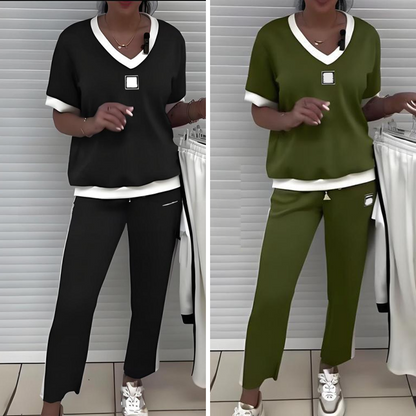 ⏳Sonderangebot für nur 44,99 €!! 💥Lässiges Damen-Zweiteiler: Top mit V-Ausschnitt und Hose