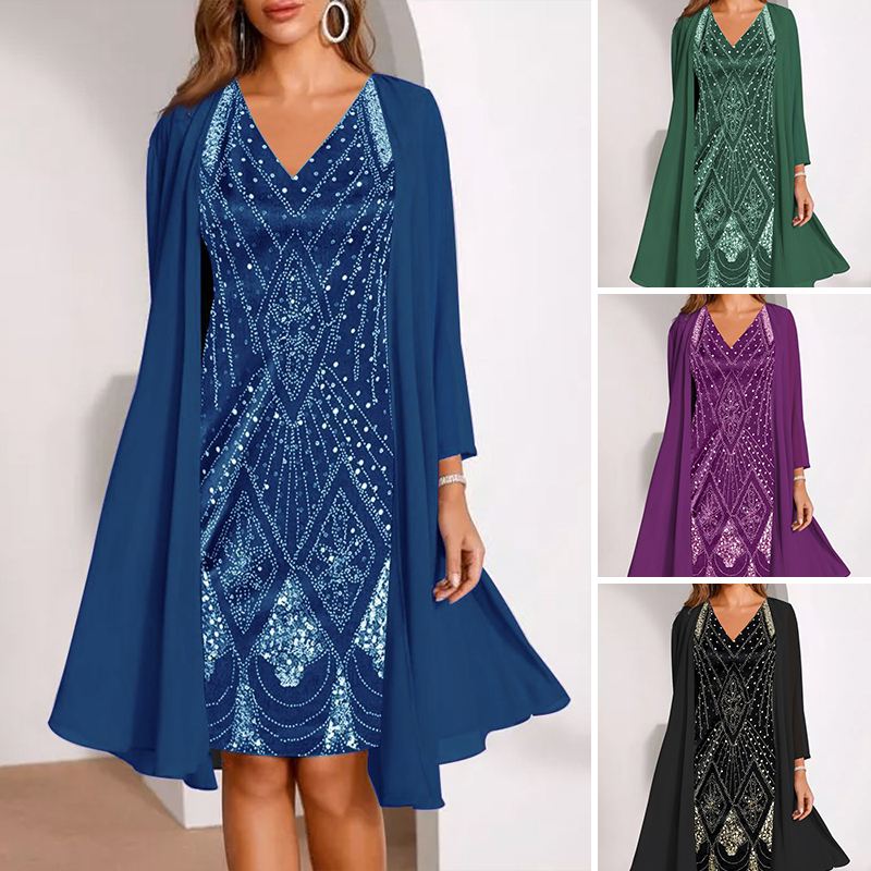 💕Damen-Set: Kleid mit V-Ausschnitt & transparenter langer Jacke