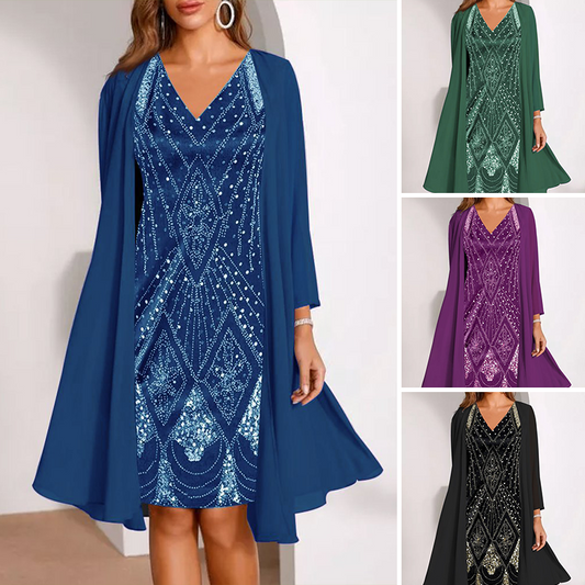 💕Damen-Set: Kleid mit V-Ausschnitt & transparenter langer Jacke