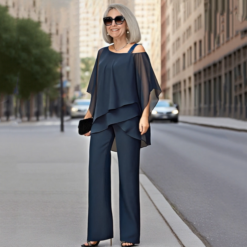 Unregelmäßiges Chiffon-Oberteil für Damen ＆ Weite Hose 2-teiliges Set✨
