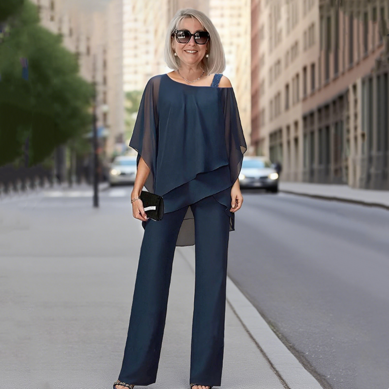 Unregelmäßiges Chiffon-Oberteil für Damen ＆ Weite Hose 2-teiliges Set✨