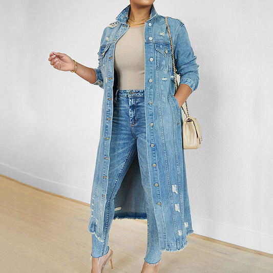 Lange Damen-Jeansjacke im Destroyed Look