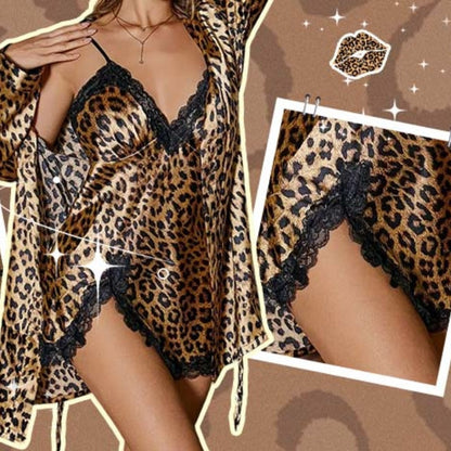 Damen sexy Set mit Leopardenmuster: Morgenmantel und Nachthemd