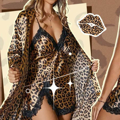 Damen sexy Set mit Leopardenmuster: Morgenmantel und Nachthemd