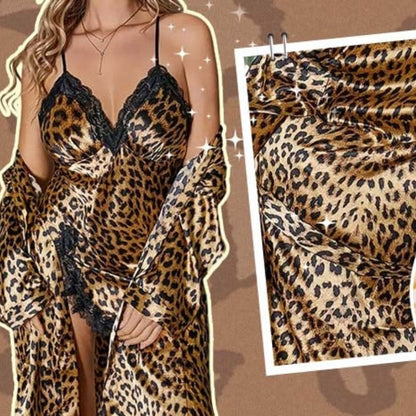 Damen sexy Set mit Leopardenmuster: Morgenmantel und Nachthemd
