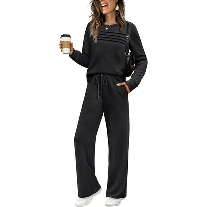 ☕👚 Set für Damen mit Rundhals-Top und Kordelzughose – Ideal für Alltag und Freizeit