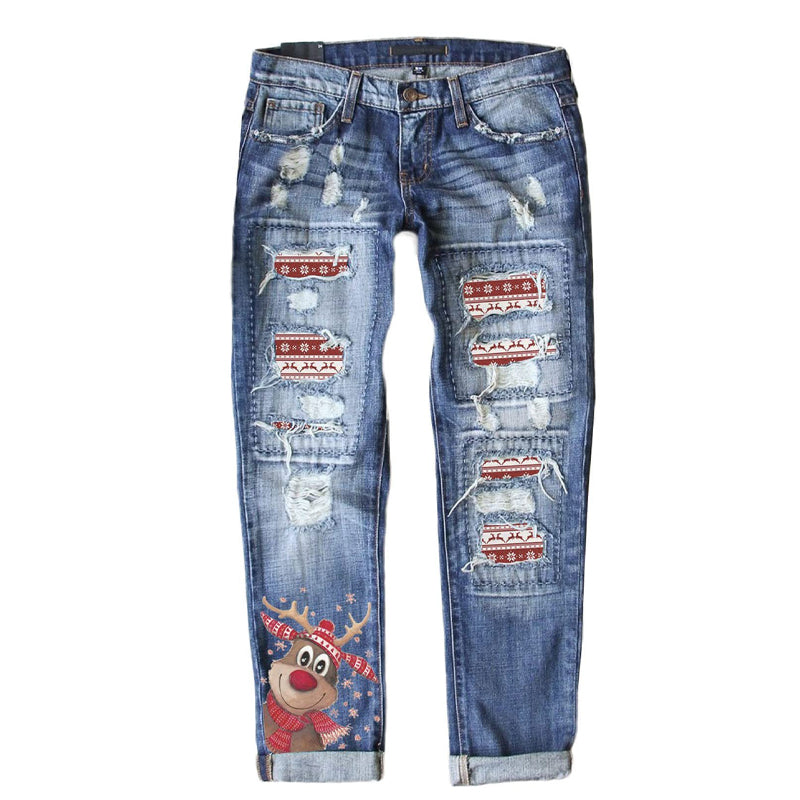 Weihnachtsmuster-Ripped-Jeans für Frauen