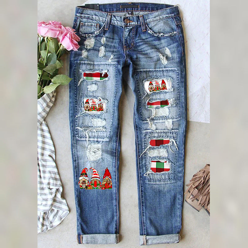 Weihnachtsmuster-Ripped-Jeans für Frauen