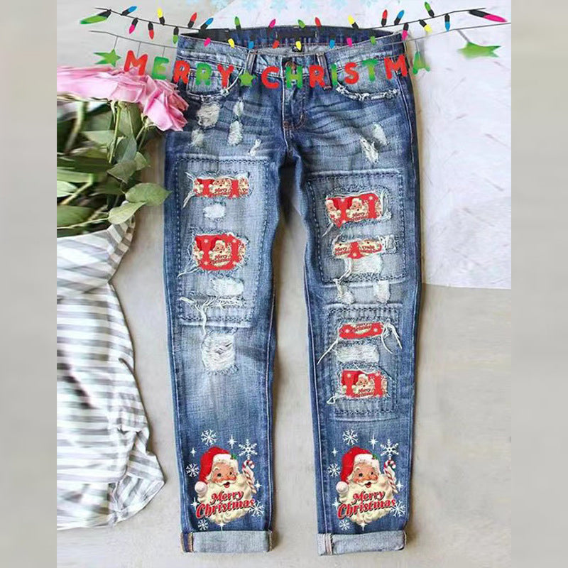 Weihnachtsmuster-Ripped-Jeans für Frauen