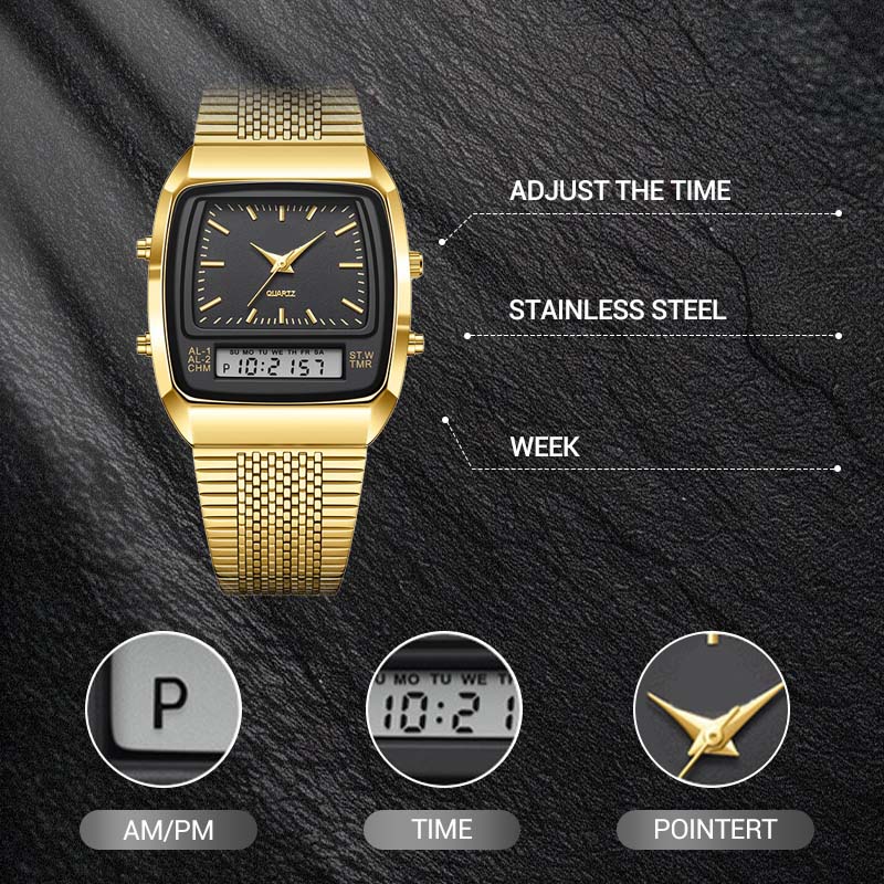 ⌚💧 Herren Multifunktionsuhr mit Dual-Display – Quarz & Digital, Edelstahlarmband & Wasserdicht ✨