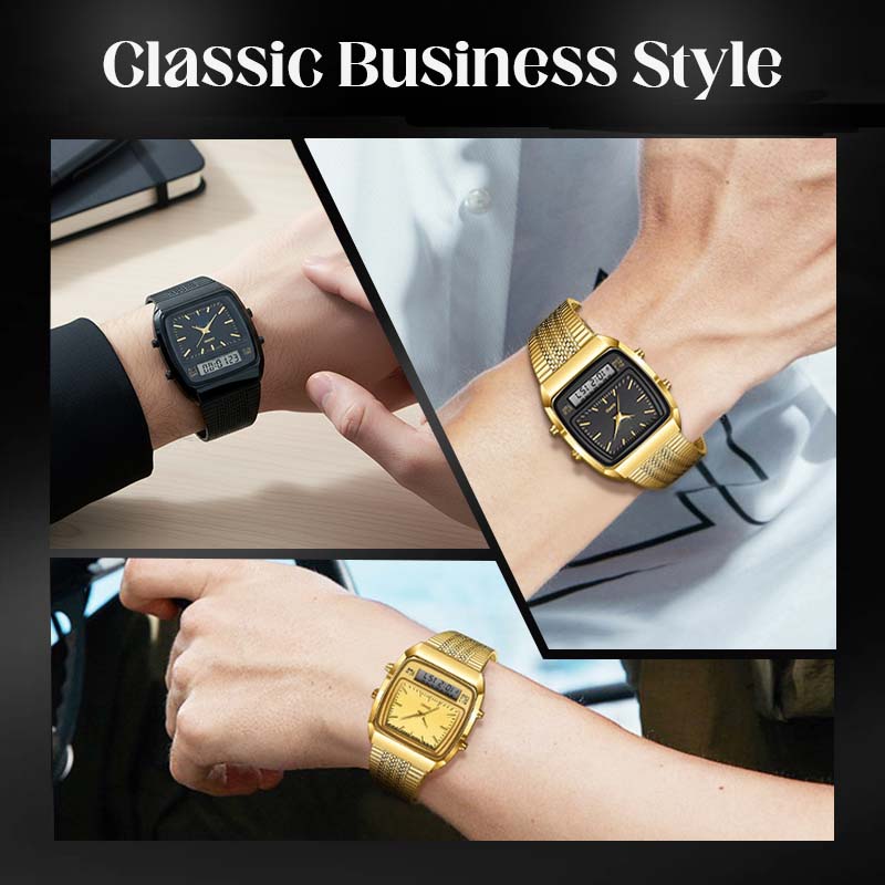 ⌚💧 Herren Multifunktionsuhr mit Dual-Display – Quarz & Digital, Edelstahlarmband & Wasserdicht ✨