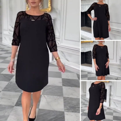 Elegantes schwarzes A-Linien-Kleid mit 3/4-Mesh-Ärmeln