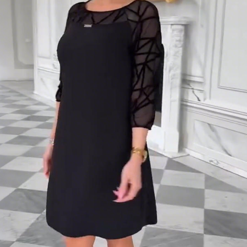 Elegantes schwarzes A-Linien-Kleid mit 3/4-Mesh-Ärmeln